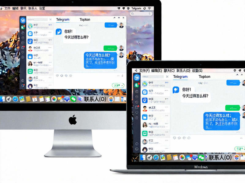 Telegram Desktop 在 Mac 和 Windows 电脑上的应用程序界面截图，展示清晰的聊天窗口和中文界面